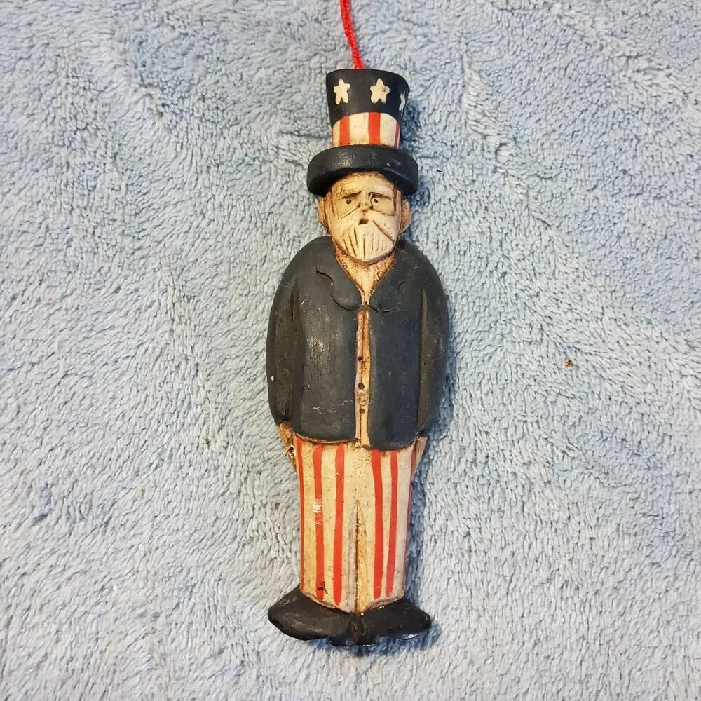 Vintage Wood Carved Uncle Sam Hanging Ornament Patriotic July 4th Folk Art 4.5
